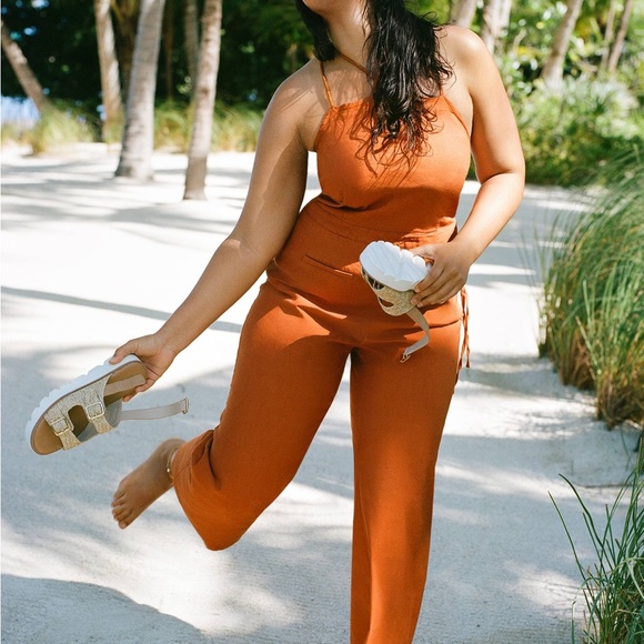 Anthro Maeve Colette Rust Strappy Back Jumpsuit 14 - Picture 3 of 13